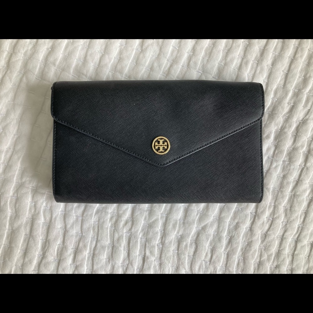 Tory Burch black envelope clutch with optional strap